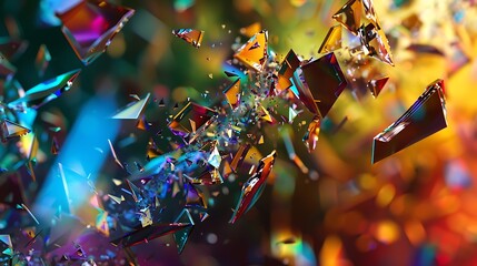 Shattered fragments suspended mid-air, refracting light in a kaleidoscope of colors