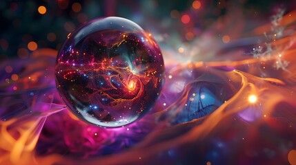 Crystal ball in space background filled with cosmic stars, planets, galaxies.