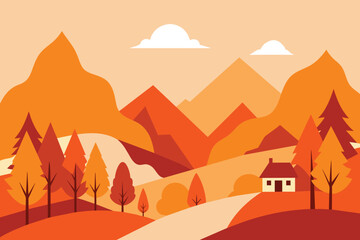 Watercolor autumn vector landscape in orange color. Illustration of mountains, trees, house. Design for print, poster, postcard