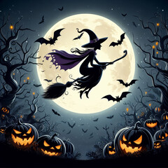A witch flies on a broomstick on Halloween over a cemetery with skeletons, bats fly against the background of a gloomy sky.
