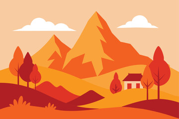 Watercolor autumn vector landscape in orange color. Illustration of mountains, trees, house. Design for print, poster, postcard