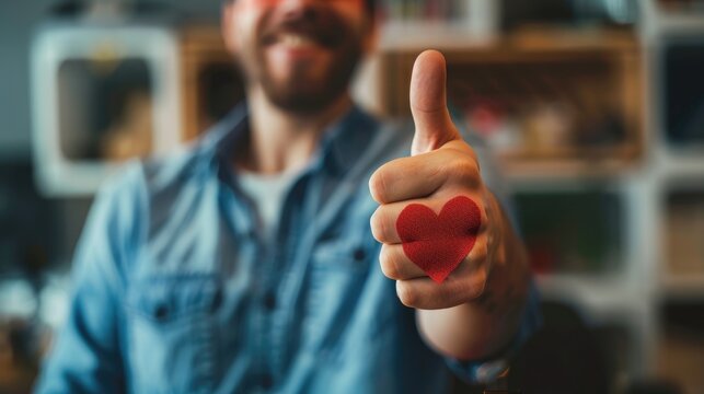 A man flashes a thumbs up gesture next to a heart shaped plaster on his hand symbolizing his act of donating blood This powerful image embodies the spirit of World Blood Donor Day and World