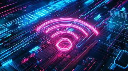 The futuristic allure of a pink and blue neon WiFi emblem glowing amidst a high-tech environment, symbolizing connectivity