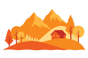Watercolor autumn vector landscape in orange color. Illustration of mountains, trees, house. Design for print, poster, postcard