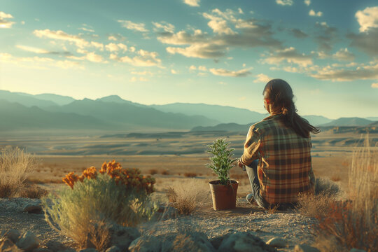 A lone woman witting in a rocky with a tree, forest replantation, and ecological themes, natures preservation.