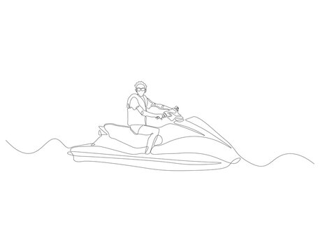 recommend clip art: Continuous one line drawing of riding jet ski. One line drawing illustration of jet ski sport. Extreme sea sport concept continuous line art. Editable outline.
                    