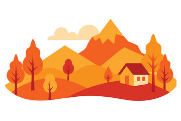 Naklejka premium Watercolor autumn vector landscape in orange color. Illustration of mountains, trees, house. Design for print, poster, postcard