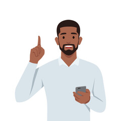 Happy young business man pointing up. Flat vector illustration isolated on white background