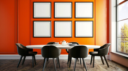 Frames, orange wall, chairs.