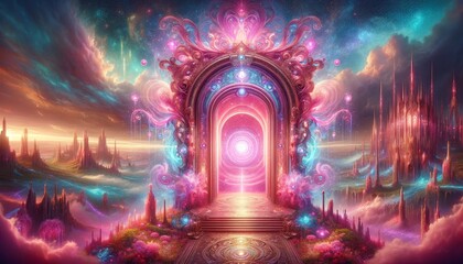 A stunning fantasy portal glowing with pink light opening to another dimension with magical energy and fantastic landscape with futuristic cities