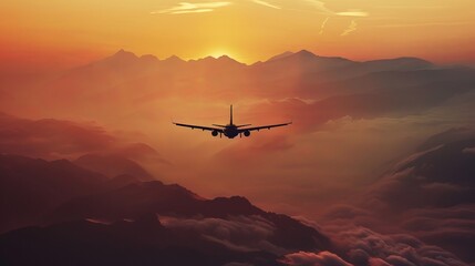Private jet or plane flying over clouds during sunset, orange sky, business travel and tourism...