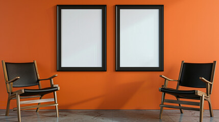 Minimalist setup with two black frame mockups on an orange wall, accented by the simplicity of contemporary wooden chairs.