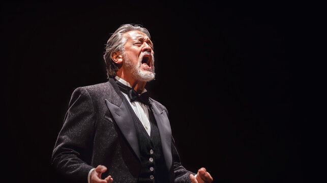Passionate male opera singer in black tuxedo performs powerfully on stage. Deep emotion and dramatic expression captured under spotlight