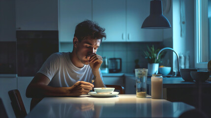 Young man sitting alone in dimly lit kitchen, deep in thought while having a late night snack. Scene conveys solitude and introspection