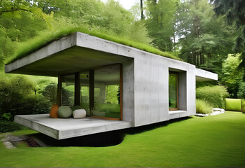 Eco Friendly House - concret house on moss in garden stock iamges.