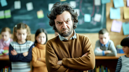 Frustrated male teacher with crossed arms stands before group of young students in classroom. His stern expression contrasts with children subdued mood