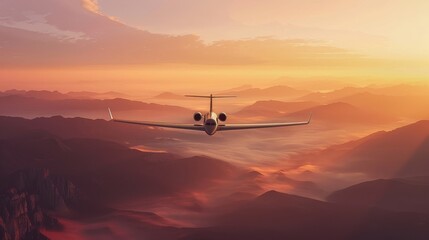 Fototapeta na wymiar Private jet or plane flying over clouds during sunset, orange sky, business travel and tourism concept