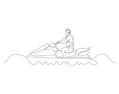 recommend clip art: Continuous one line drawing of riding jet ski. One line drawing illustration of jet ski sport. Extreme sea sport concept continuous line art. Editable outline.
                    
