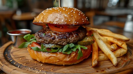 Close up of beef burger in a sesame bun with french fries on the wooden plate no people