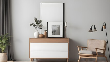 Mock Frame on wooden Cabinet with plant 