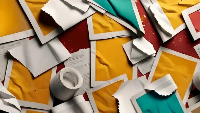 Old colorful posters ripped torn crumpled paper abstract grunge texture wall backdrop.