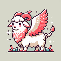 Fantasy Animal Illustration: Soft Fluffy Sheep with Pink Wings and Coiled Horns