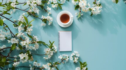 Serene Workspace with Floral Arrangement and Tea, showcasing a cup of tea and a notebook surrounded by a scattering of white flowers on a turquoise background