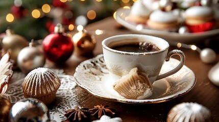 Fototapeta premium coffee cup with ornaments and traditional dessert delight on cafe table