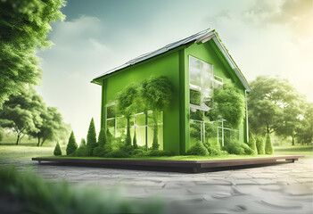 Eco Friendly House - concret house on moss in garden stock iamges.