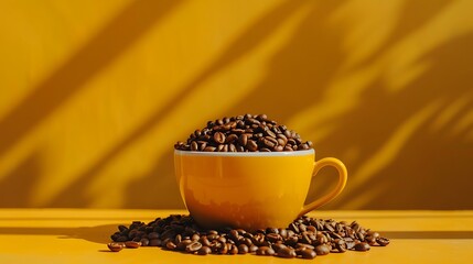Coffee holder placed into coffee roasted beans on the yellow table in daylight