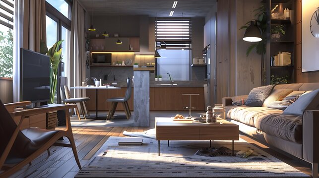 cozy and modern small apartment interior scene the scene was rendered with photorealistic shaders and lighting