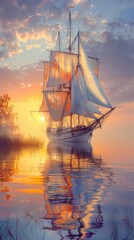 Fototapeta premium A sailboat navigating through water during sunset