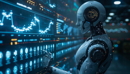 A robot is looking at a computer screen with a lot of numbers and graphs by AI generated image