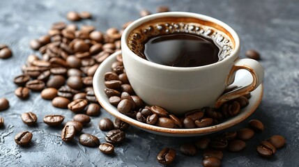 Cup of aromatic coffee and beans on grey table