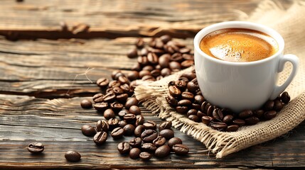 Cup of espresso and coffee beans on wooden table