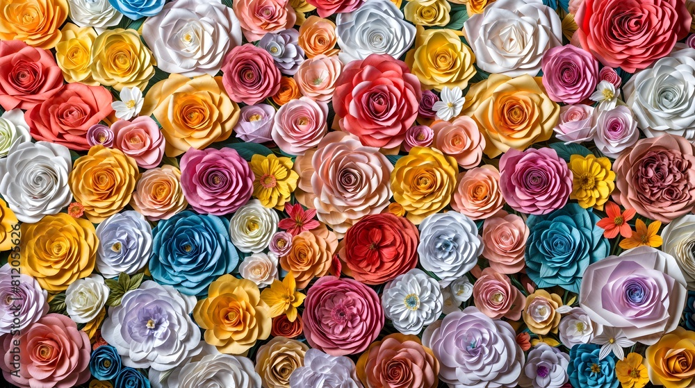 Aufkleber abstract colorful paper cut roses display. 3d render, this image showcases a stunning array of handc
