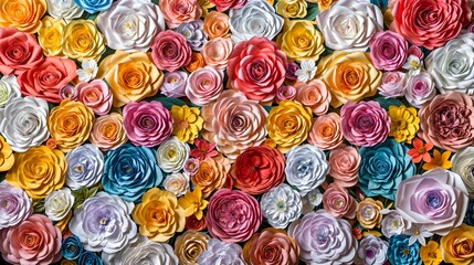 Abstract Colorful Paper Cut Roses Display. 3d Render, This image showcases a stunning array of handcrafted paper flowers in a variety of colors and styles.
