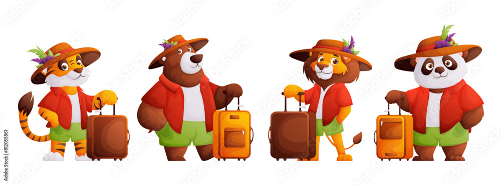 Wall mural set of cartoon animal travelers. a lion, a bear, a tiger, a panda in a summer red shirt, green short