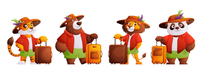 Set of cartoon animal travelers. A lion, a bear, a tiger, a panda in a summer red shirt, green shorts and a hat with feathers are holding a suitcase. Character ready for vacation, travel and summer.