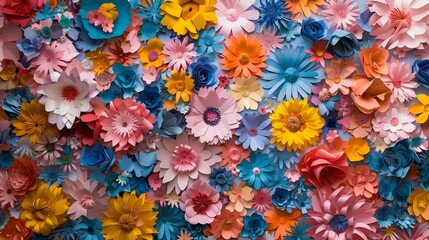 A Colorful Collection of Mixed Paper Craft Flowers with leaves and abstract cut paper flowers, 3d render, The flowers are arranged in a way that creates a sense of depth and dimension, 3d render