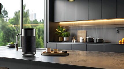 Empty modern luxurious kitchen with smart speaker