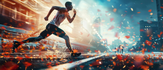 A group of runners are running in a race with a red and blue background by AI generated image