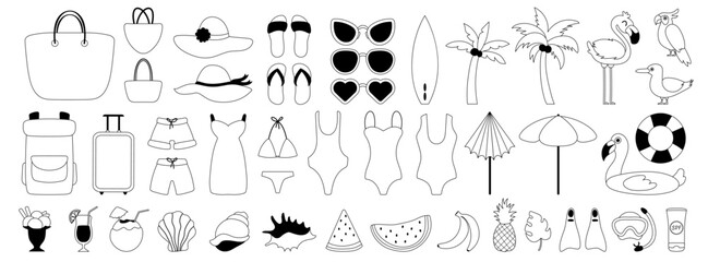 Large set of elements on the theme of summer, travel and vacation. Black line icons. Swimsuits, shells and summer drinks. Hats, sunglasses and bags for the beach. Watermelon, banana and pineapple.