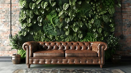 Environmentally friendly living room with leather sofa green plants and brick wall