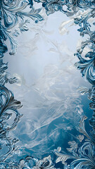 Gorgeous Art Nouveau frosty designs on the edges of the frame on clear baby blue glass, with empty space in the center, idea for a New Year's vertical card