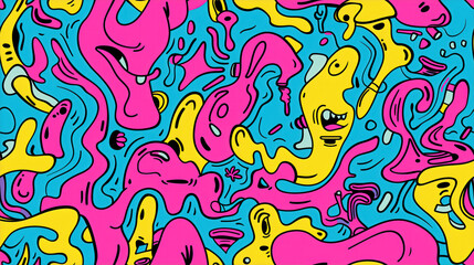 Bright seamless pattern. Abstract background. Groovy style. The concept of holiday, fun, freedom. Design for postcards, flyers, banners, prints for fabric.