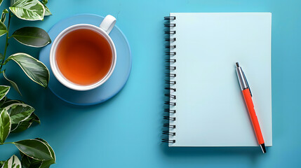 A pen and a cup of tea sit on a wooden table. Concept of relaxation and contemplation. Creative Workspace with Tea and Notebook on Blue Wooden Background