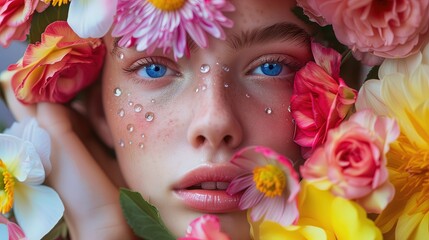 Kobieta o niebieskich oczach otoczona jest kwiatami różnych kolorów, zwracając uwagę na ich piękno i zróżnicowanie