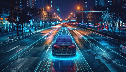 An autonomous vehicle using machine learning to navigate through city traffic, with visualizations of its decisionmaking processes