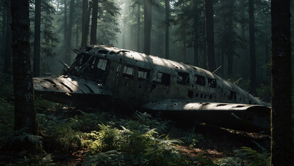 A wrecked plane lies abandoned in the middle of a deep spooky forest wit